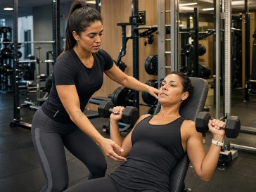 Personal trainer orientando exercício de musculação na academia